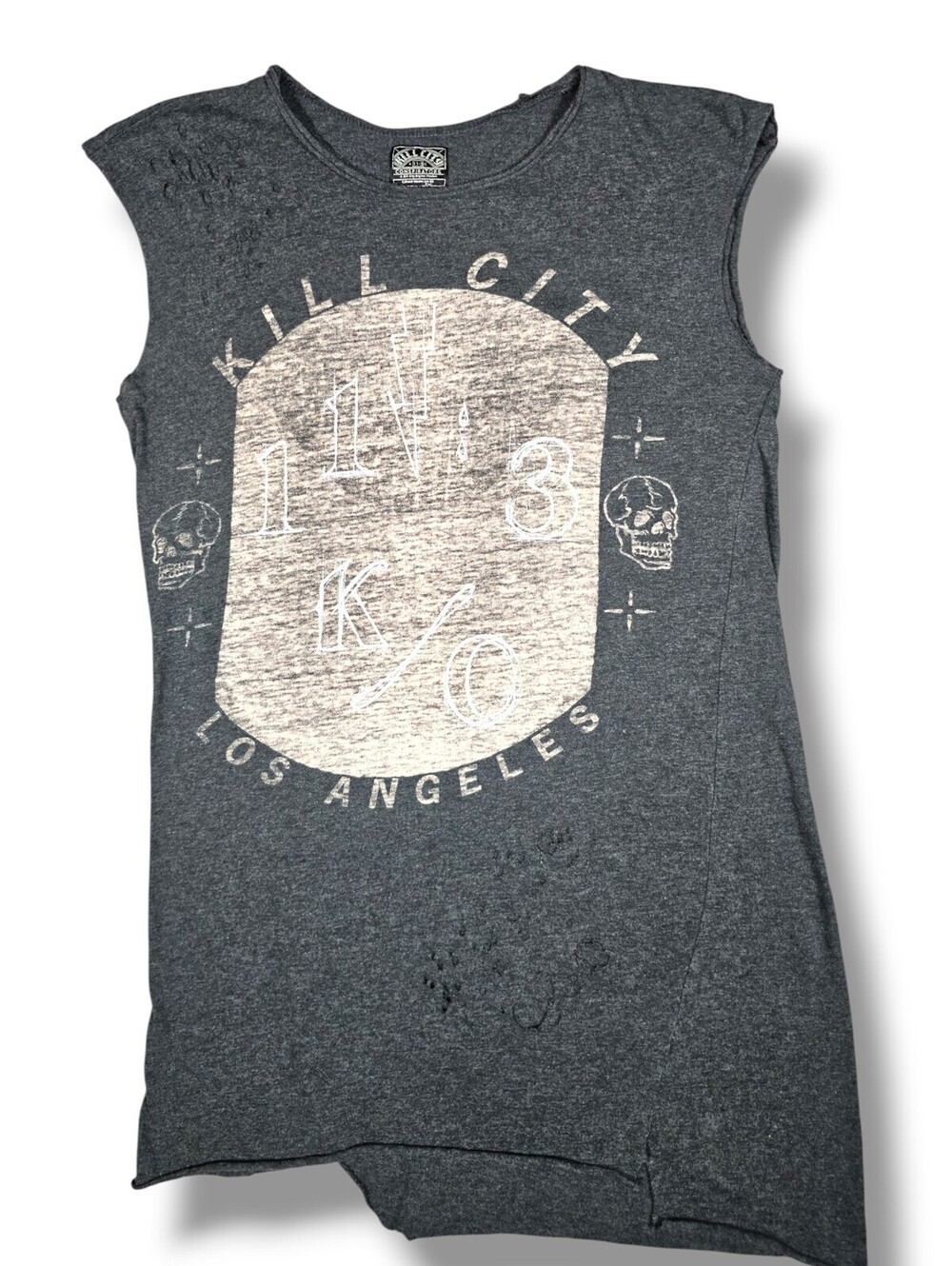 Distressed Graphic Muscle Tee Gray Sleeveless Raw Hem Rock Grunge Top